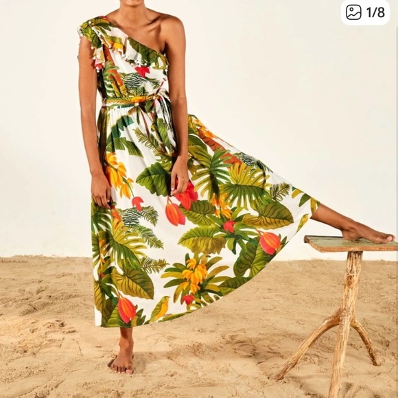 Farm Rio White Cocoa Forest One Shoulder Dress - Picture 2 of 16